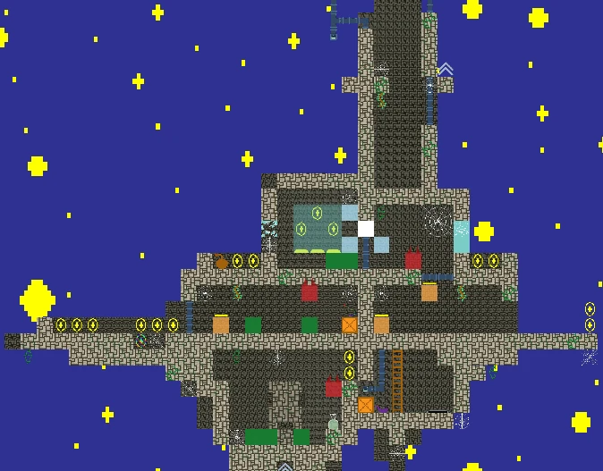 Forteresse de pierre suspendue dans un ciel bleu étoilé avec plateformes et pièces à collecter